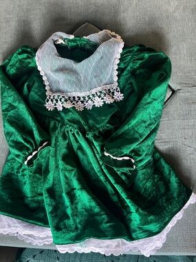 Vintage Green Velvet Dress Dress with White Lace Bib